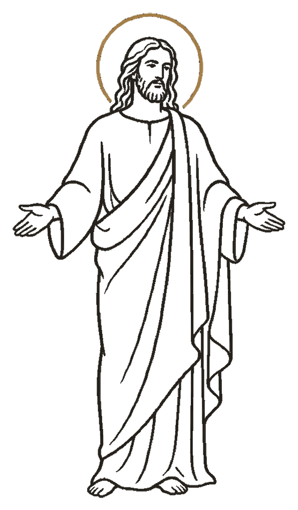 Line illustration of Jesus with open hands in welcome