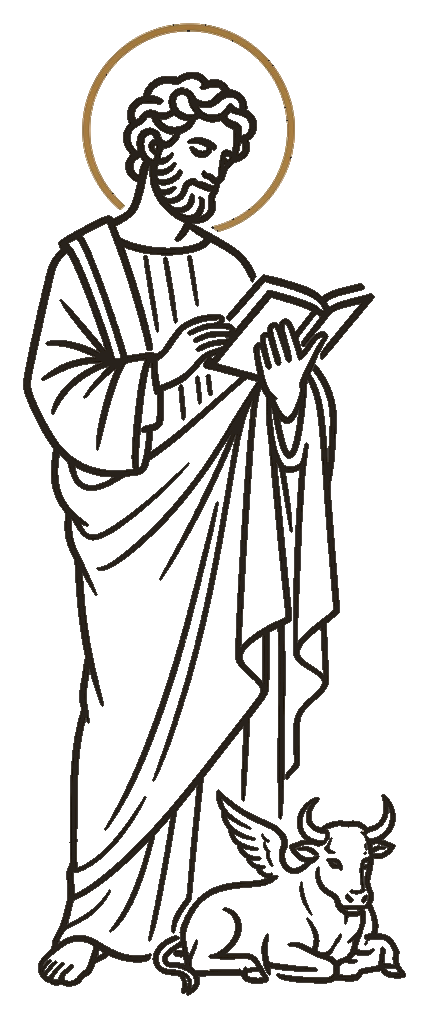 Line illustration of Saint Luke the Evangelist holding the Gospel